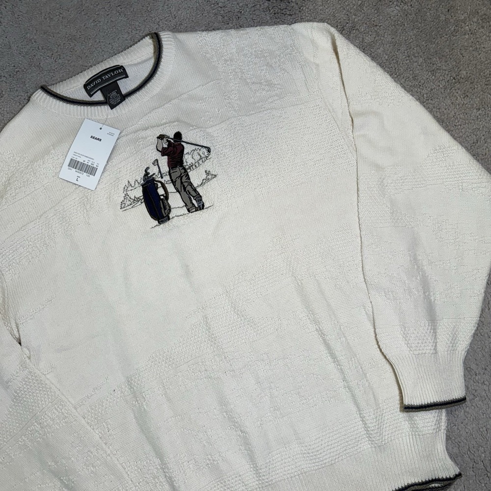 VTG David Taylor Sweater Men Large Beige Long Sleeve‎ Crew Neck Golf Graphic USA
